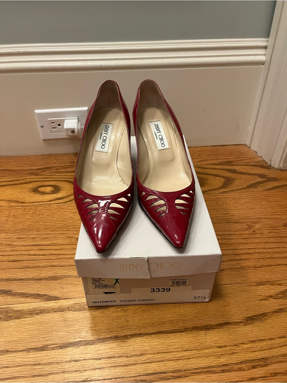 Jimmy Choo Red Patent Pointed-Toe Cutout Pumps